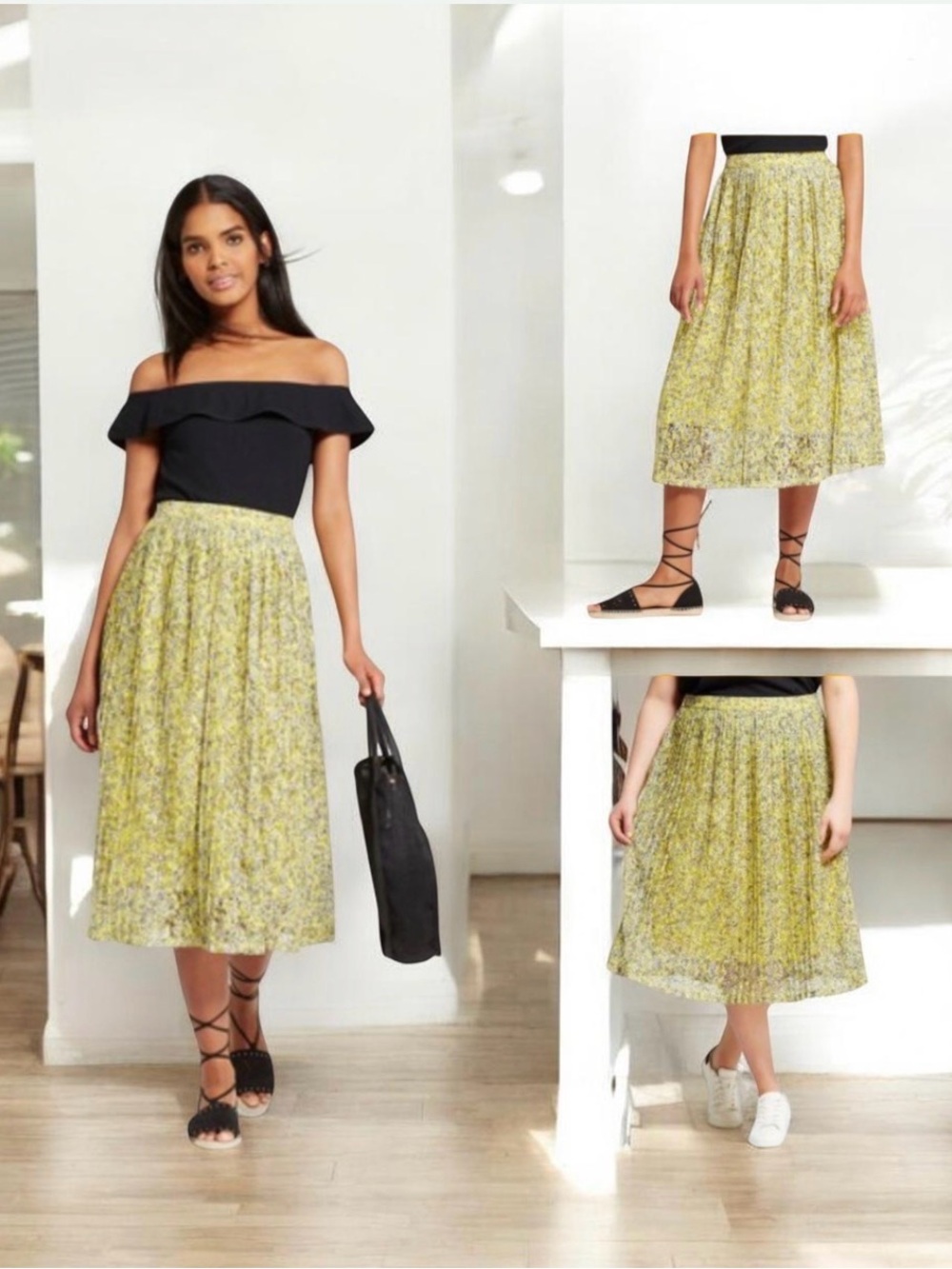Women's Yellow Floral Midi Skirt